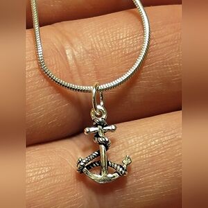 925 silver Anchor Pendant + .925 sterling Silver Stamped Snake Chain 1mm Necklac